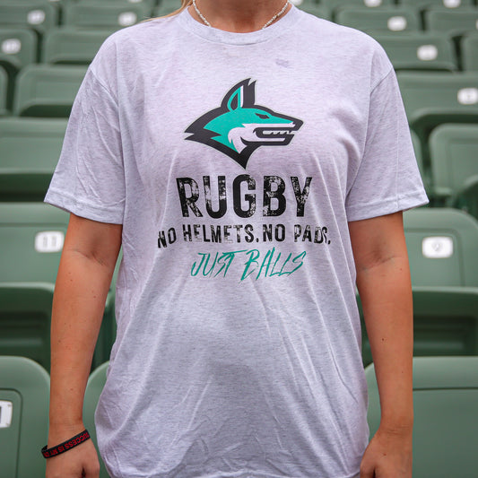 "RUGBY.  NO HELMETS.  NO PADS.  JUST BALLS" T-Shirt (Unisex - Heather White)